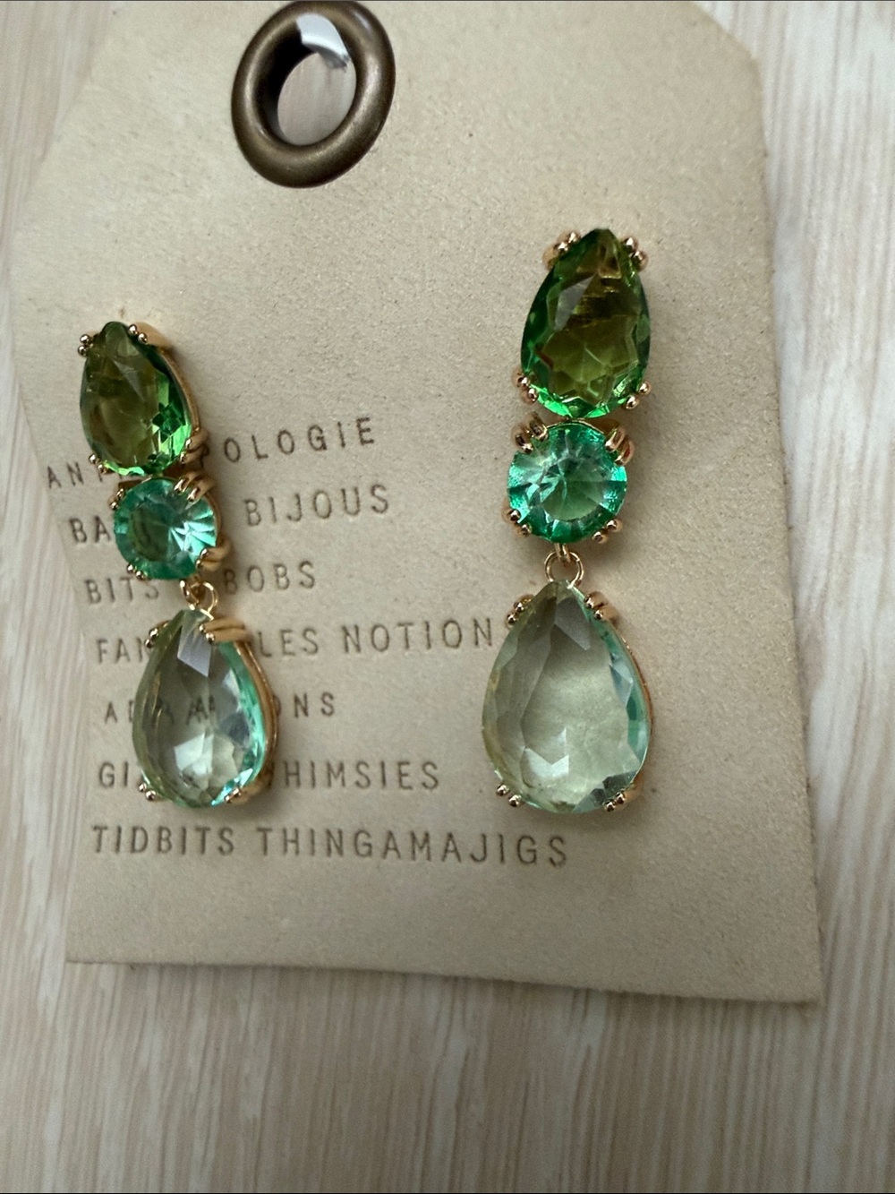 Anthropologie Gold-Set Light Green Teardrop Dangle Earrings - Picture 3 of 11